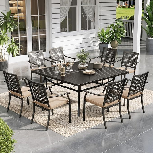 Sophia & William Patio Table and Chairs Set, Outdoor Dining Set for 8, 9 Piece Metal Patio Furniture, 57.5" Black Square Table(Beehive)