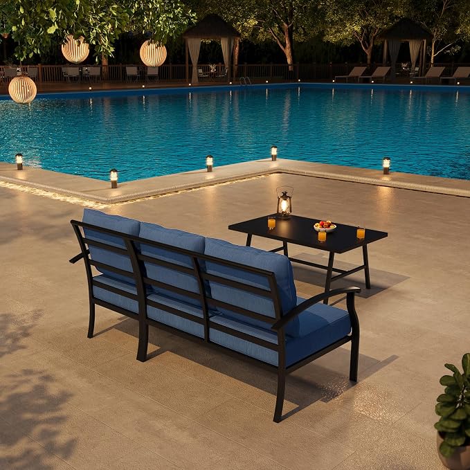 Metal Patio Furniture Set,2 Pieces 3 Seats Patio Sectional Outdoor Furniture Set with Rectangular Coffee Table,Patio Conversation Sets with 5.1" Thickened Cushions,Navy Blue