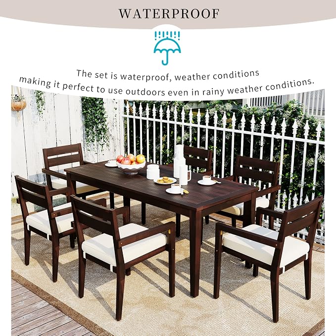 RUNNA 7-Piece Outdoor Dining Table Set with Acacia Tabletop and 6 Chairs Indoor and Outdoor Furniture Sets,for Patio, Balcony Or Backyard. (Dark Brown@015)
