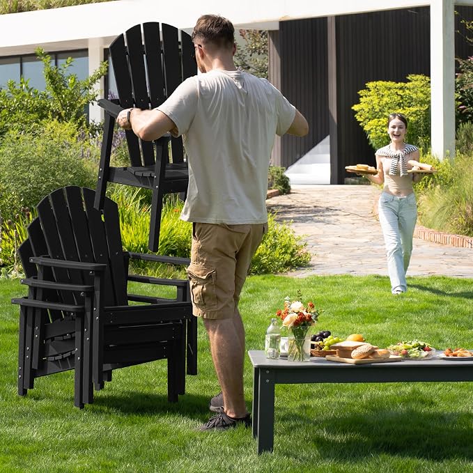 nevilywood Compact Stackable Adirondack Chairs Set of 2,HDPE,380lbs,Black | 26.3" Wide HDPE.All-Weather Outdoor.Maintenance-Free.Stackable for Storage.25°Curved Straight Backrest.Quick Assembly