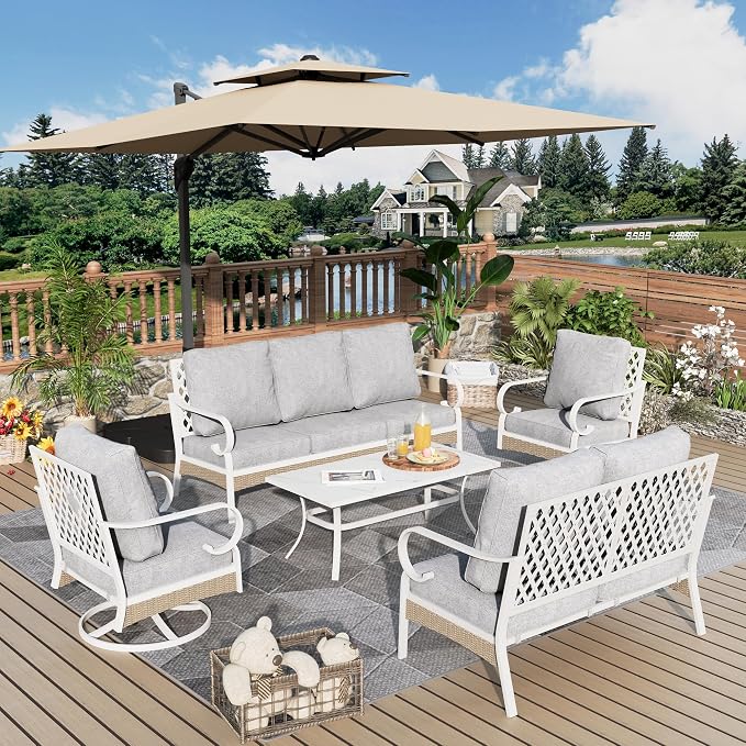 MIXPATIO 6 Piece Patio Furniture Set, 2 x Fixed Chair, 2 x Swivel Chair, 1 x 3-Seat Sofa with Marbling Coffee Table, 7 Seats Outdoor Conversation Set for Lawn Garden Backyard, Light Gray