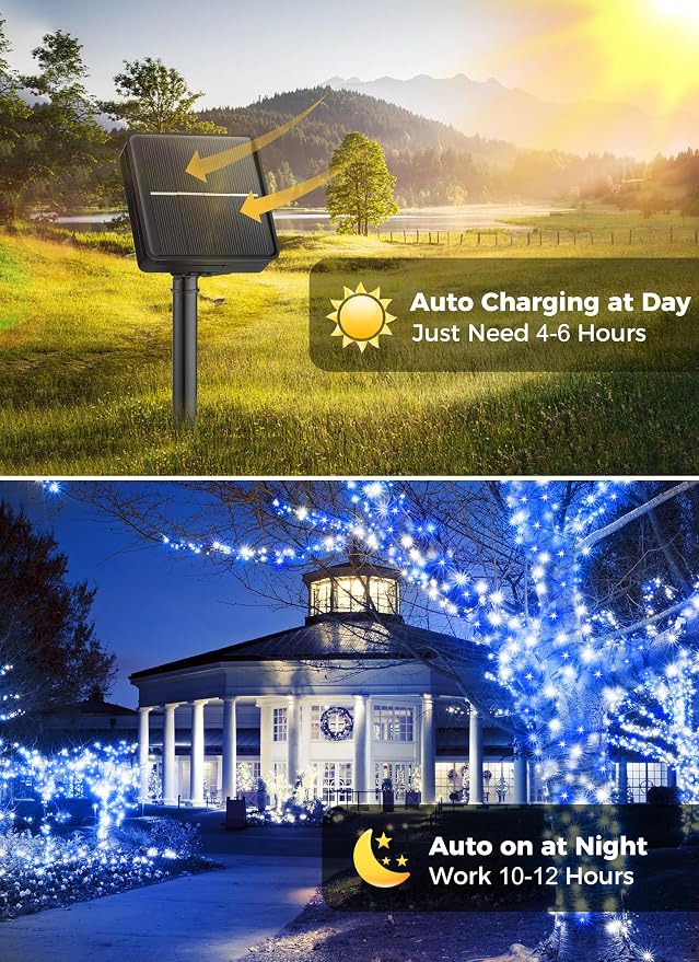 Minetom Solar Christmas Lights Outdoor Waterproof, 2Pack Total 80FT 200 LED | Solar Christmas Outdoor Decoration with 8 Modes, Solar String Lights for Outside House Tree Yard Garden, Blue & Pure White