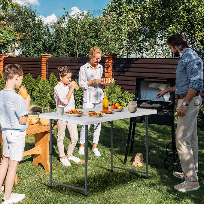 ZenStyle 4 ft Folding Table, 48x24 Inch White Portable Plastic Table, Height Adjustable & Lightweight for Indoor Outdoor Use, Camping, Parties, Events, Dining