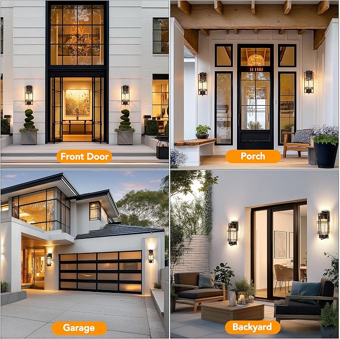 WIHTU 15'' Dusk to Dawn Outdoor Wall Lantern, Porch Light, Gold-Swept Black | Rustproof Metal Frame, Water Ripple Glass, T30 Bulb Included, E26 Bulb,2700K Warm Light, Patio Light for Front Door