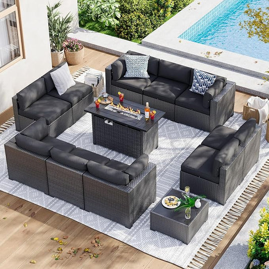 Aoxun 15 Piece Patio Furniture Set with 44” Fire Pit Table Wicker Patio Sectional Sofa Set Outdoor Seating Furniture with Thickened Cushion, Black