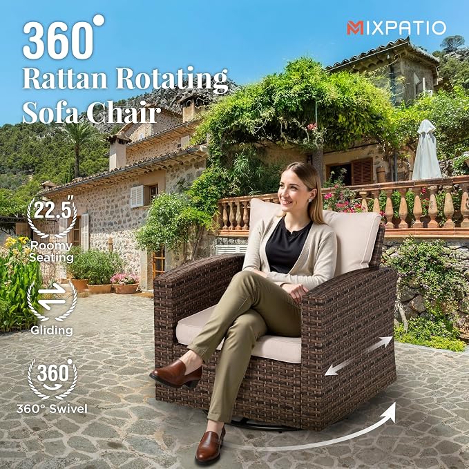 MIXPATIO Swivel Glider Patio Furniture Set, 8 Pcs Wicker Outdoor Conversation Set, 2 x Swivel Chairs, 2 x Leg Chairs, 1 x 3 Seater Sofa and 2 x Ottomans and 56" Fire Pit Table, Beige