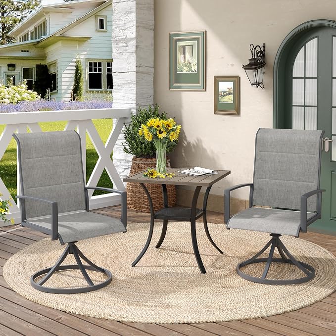 DIFY 3 Piece Outdoor Dining Set for 2, Patio Furniture Set with Padded Textilene Swivel Patio Chairs and 27.6" Small Square Metal Dining Table, Grey Fabric & Grey Wood-Like Tabletop