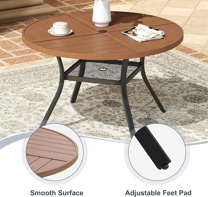 VICLLAX 40.6" Round Patio Dining Table for 4, All Weather Metal Outdoor Table with 1.57" Umbrella Hole and Storage Shelf for Garden Lawn Deck, Walnut