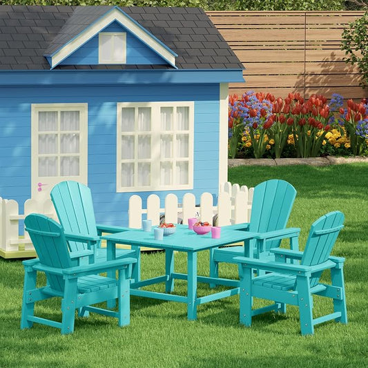 Costaelm Paradise Kids 5-Piece HDPE Outdoor Square Patio Dining Table and Chairs Set, Turquoise