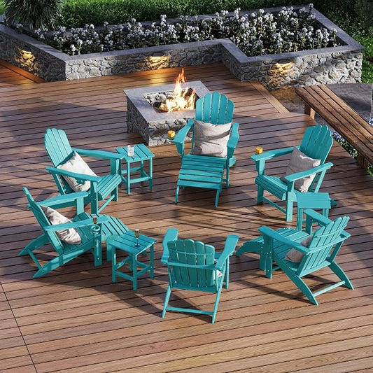 Costaelm Lakeview 12-Piece HDPE Outdoor Patio Furniture Adirondack Chair Conversation Table Set, Turquoise