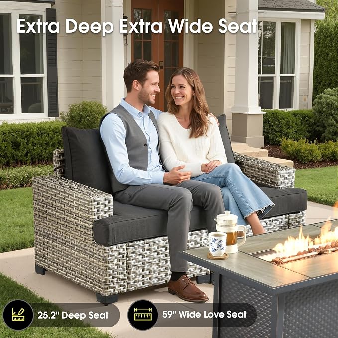 Rattan Patio Furniture Set with Swivel Chairs,9 Pieces Outdoor Sectional with Ottoman Glowing Coffee Table,Out Door Furniture Conversation Set,Black