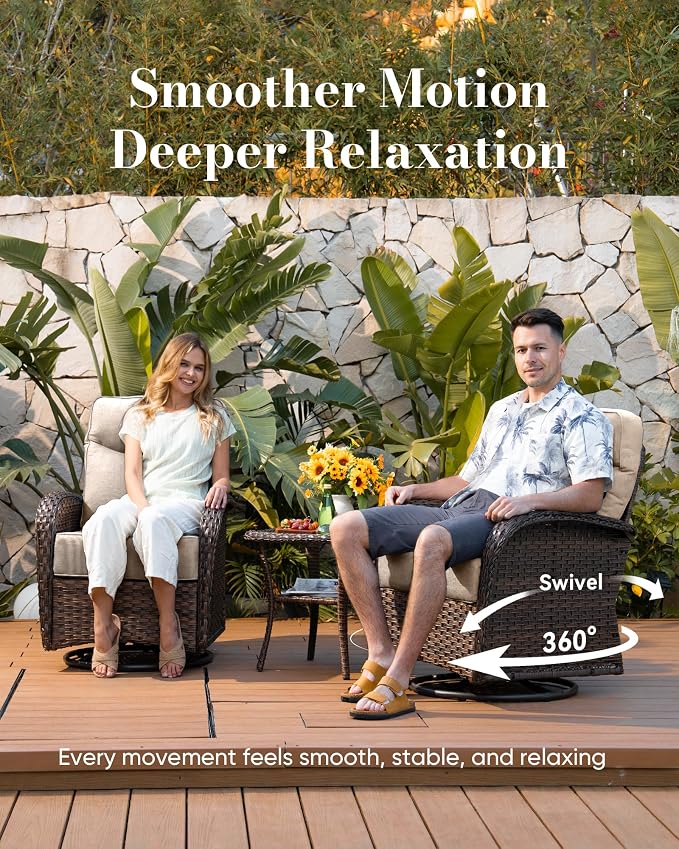 Belord Upgraded 6“ Cushion Luxury 11 Piece Patio Furniture Set - Wicker Outdoor Conversation Set with Swivel Rocker Patio Chairs, High Back Outdoor Furniture for Deck Porch Yard - Brown/Beige