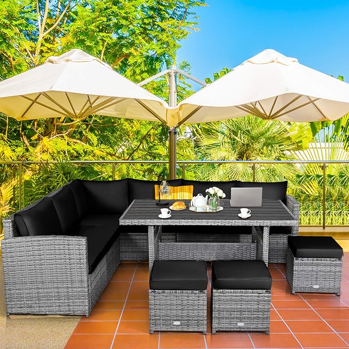 Tangkula Patio Furniture Set for 6, 7 Piece All Weather Heavy Duty PE Wicker Sectional Sofa with Dining Table and Ottomans, Rattan Conversation Set for Backyard, Deck, Poolside