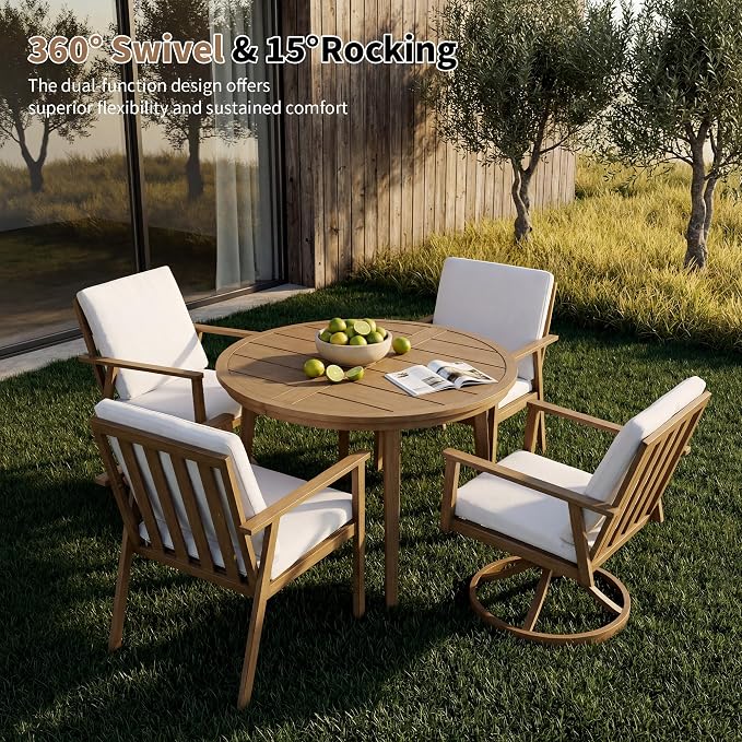 41" Round Outdoor Dining Table Set, 5-Piece Aluminum Round Outdoor Table with 4 Chairs, Rust-Resistant Faux Wood Grain Patio Table with Umbrella Hole for Garden, Backyard, Poolside, Teak
