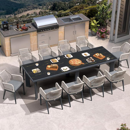 PURPLE LEAF 11 Pieces Patio Dining Set Aluminum Modern Rectangular Table and Rattan Arm Chairs with Cushions for Kitchen Porch Garden Outdoor Furniture Sets, Dark Grey