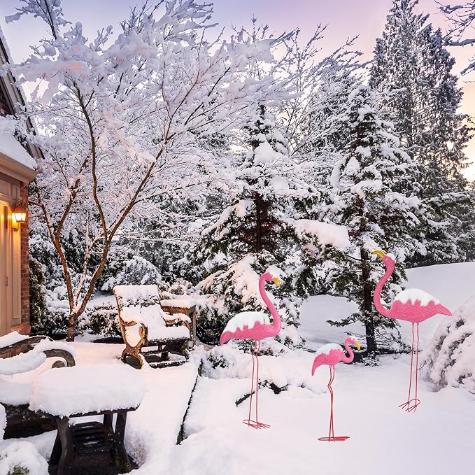 Ohuhu Family Flamingo Yard Ornaments, Set of 3 (32", 31", 19"), Pink | Metal Feet Stakes Bright Pink Flamingos Family, Garden Yard Patio Decoration, Great Party Decor Outdoor Gift