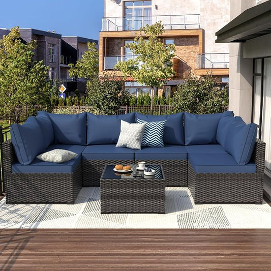Patio Furniture Set, 7PCS Outdoor Sectional PE Rattan Patio Conversation Set w/Thickened Cushion Patio Sectional Modular Wicker Patio Sofa Set w/Coffee Table for Balcony, Backyard(Blue)