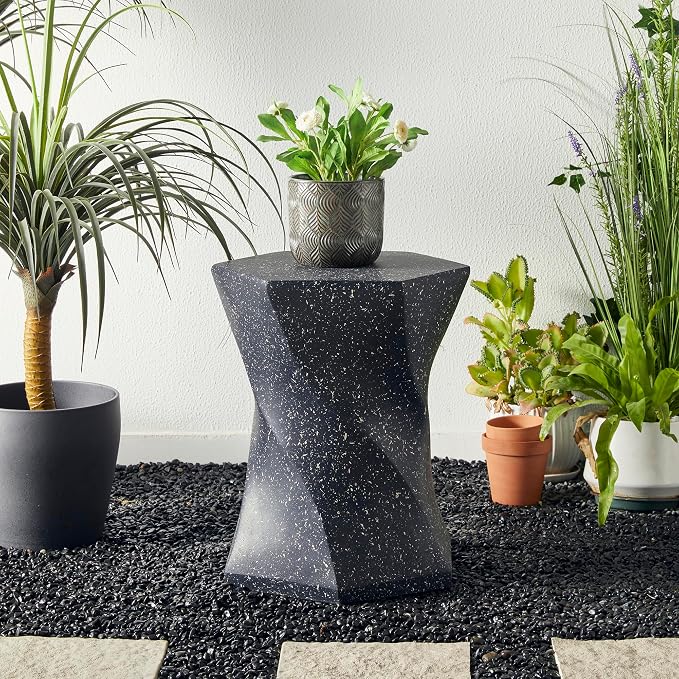 Glitzhome Outdoor Side Table, 17.75" H Decorative Garden Stool MGO Twist Faux Terrazzo End Table, Round Planter Stand for Indoor Outdoor Living Room Bedroom Patio Deck Poolside, Black