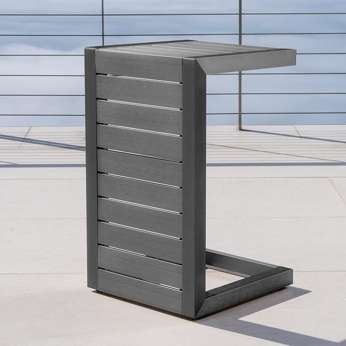 24" H Aluminium Patio Side Table, Small C-Shaped Outdoor Sofa Table,Coffee Table for Patio, Garden,Balcon,Grey