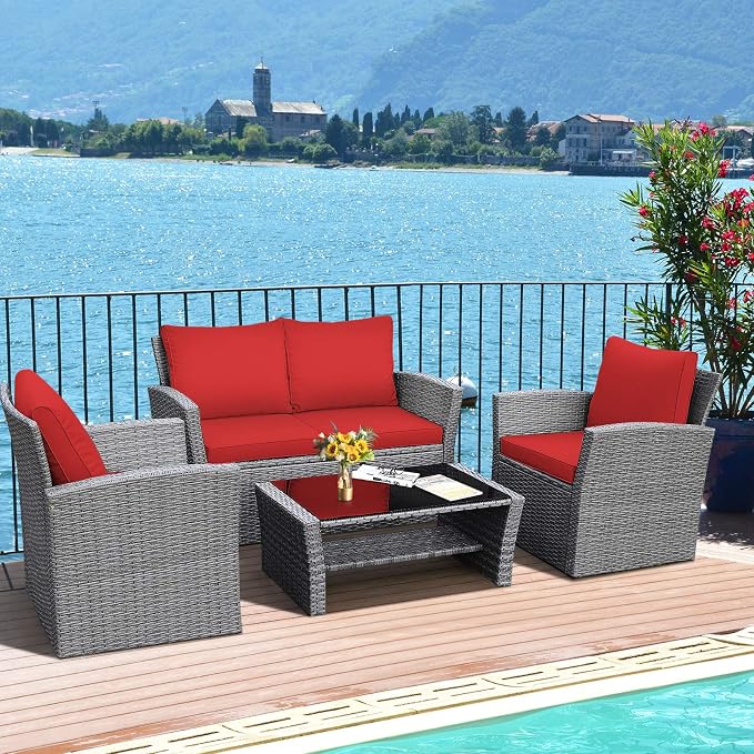 HAPPYGRILL 4 Piece Patio Rattan Furniture Set Outdoor Conversation Set with Cushions and Coffee Table, Sectional Wicker Sofa Set for Garden Porch Balcony Poolside