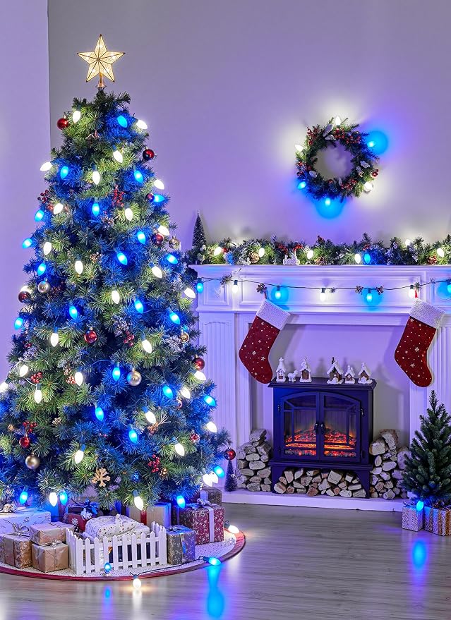 C9 Christmas Lights Outdoor, 100Ft 50 LED Blue & Pure White String Lights | Waterproof Shatterproof Connectable Christmas Tree Lights for House Outside Roofline Patio Yard Home Xmas Decorations