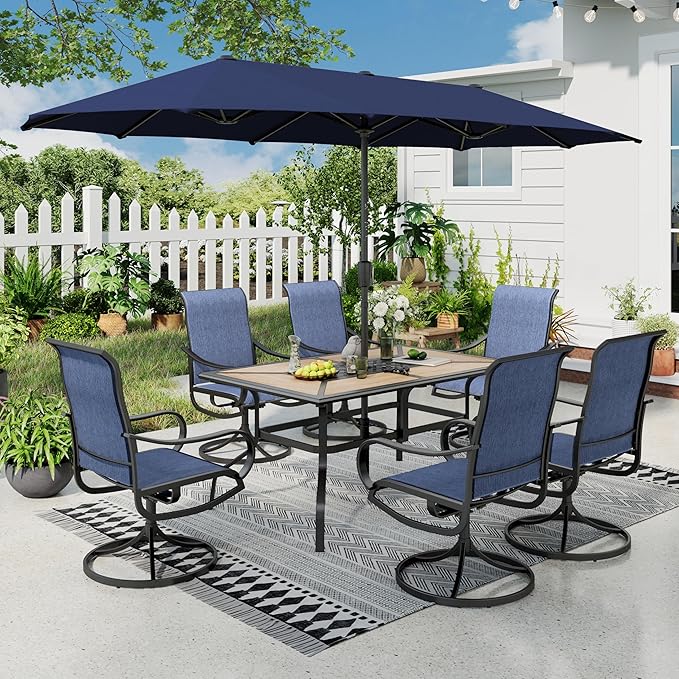 Sophia & William Patio Set with Umbrella Outdoor Dining Set for 6 with 13ft Umbrella Navy Blue, 6 x Patio Chairs Blue, 1 Wood Like Outdoor Dining Table for Deck Lawn Garden (No Umbrella Base)