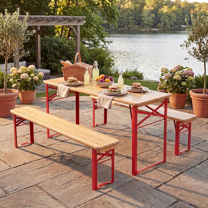 HONEY JOY Kids Picnic Table, 43.5 Inch Folding Toddler Outdoor Table & 2 Benches, Fir Wood Top & Metal Frame, No Assembly, Portable Easy to Store Camping Table and Chairs for Patio Backyard (Red)