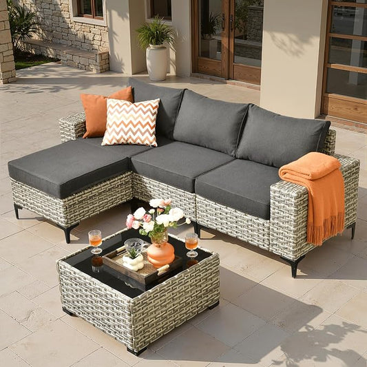 ovios 5-Piece Patio Furniture Set with L-Shape Sofa Chaise, Outdoor Sectional Couch Coffee Table, Modern Modular Wicker Rattan Conversation Set, Black