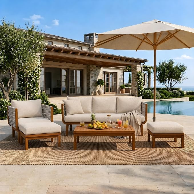 Christopher Knight Home Gwen 5 Piece Acacia Wood Patio Conversation Set with Sofa, Coffee Table, Ottomans and Club Chair, Patio Sofa Set with Cushions, Outdoor Patio Furniture Set, Teak+Beige