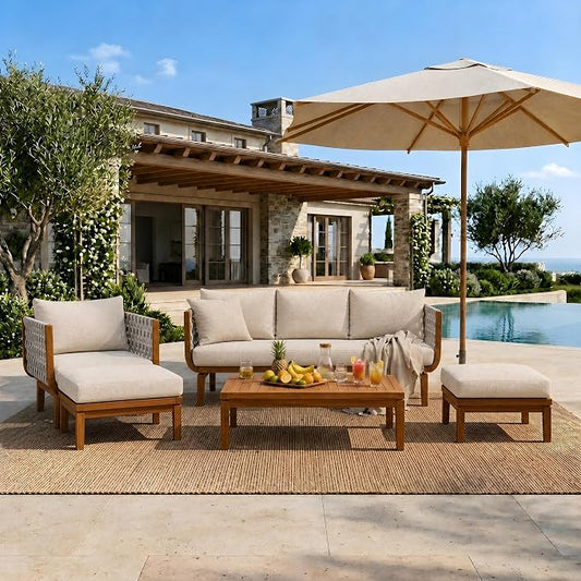 Christopher Knight Home Gwen 5 Piece Acacia Wood Patio Conversation Set with Sofa, Coffee Table, Ottomans and Club Chair, Patio Sofa Set with Cushions, Outdoor Patio Furniture Set, Teak+Beige