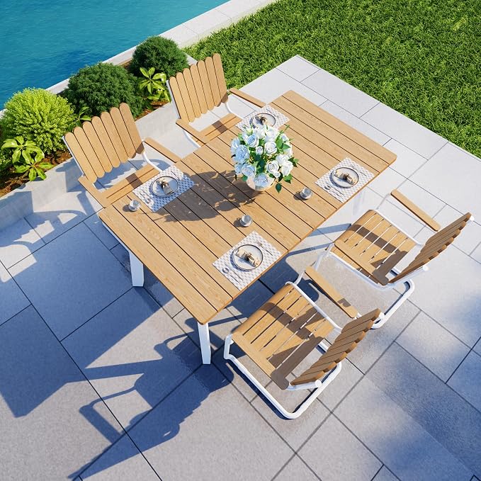 Outdoor Dining Set for 4, Patio Table and Chairs Set with Umbrella Hole, 5 Pieces All-Weather HDPE Outdoor Furniture Sets for Backyard Poolside Lawn Garden (White & Teak)