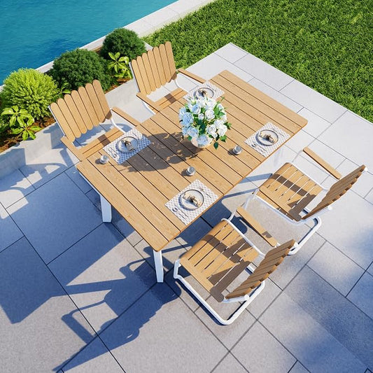 Outdoor Dining Set for 4, Patio Table and Chairs Set with Umbrella Hole, 5 Pieces All-Weather HDPE Outdoor Furniture Sets for Backyard Poolside Lawn Garden (White & Teak)