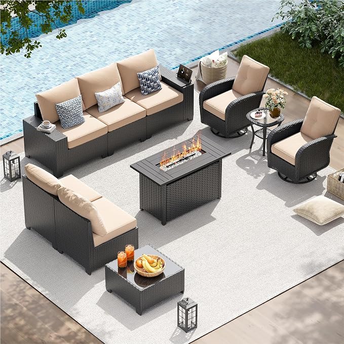 LazySunsets 10 PCS Patio Furniture Set with 44'' Fire Pit Table, Outdoor Sectional All-Weather Wicker Conversation Set with Swivel Rocker Chairs, 4'' Thick Cushions for Backyard Poolside(Cream/Black)