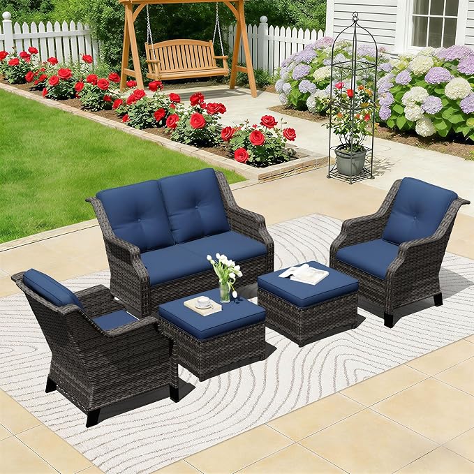 Outdoor Patio Furniture Set, 5 Piece Wicker Patio Furniture with Thick Cushions, Curved Armrest, Deep Seating, Rattan Outdoor Chairs for Porch, Deck, Balcony