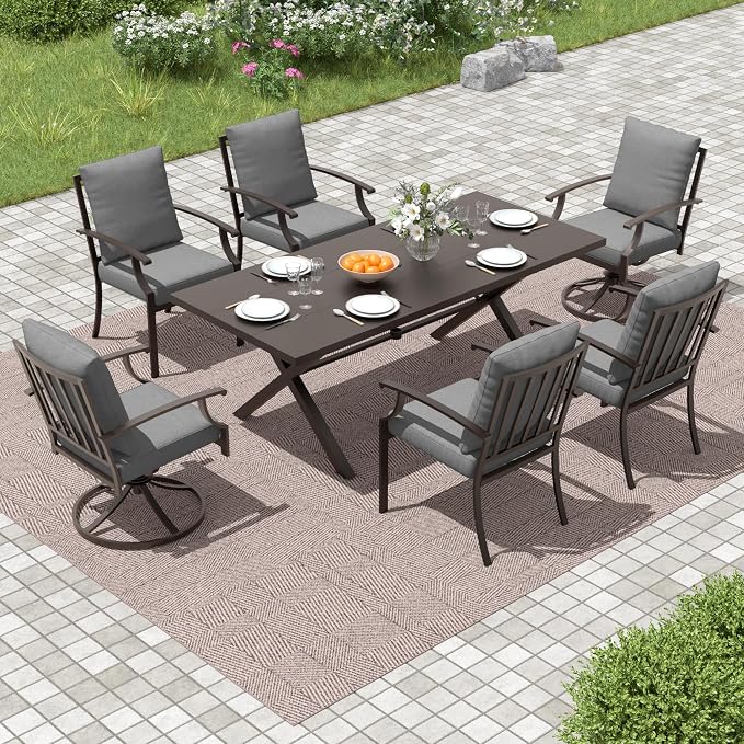 Gotland 7 Piece Outdoor Dining Set, Metal Outdoor Table and Swivel Chairs with X-Shaped Legs 1.5" Umbrella Hole, Patio Furniture Set with Waterproof Cushions, Patio Dining Sets for Backyard Deck Gray