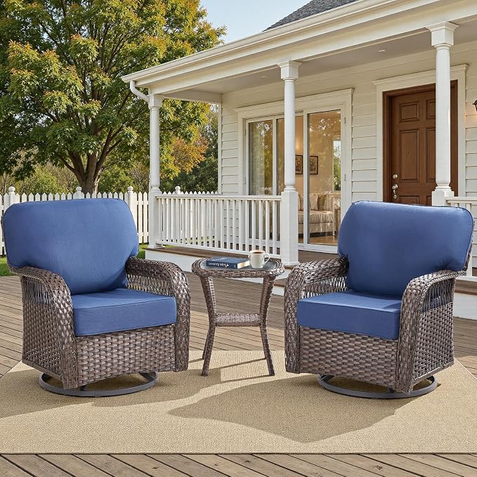 3 PCS Patio Swivel Rocking Chairs Set, Outdoor Wicker Furniture with 5-Inch Thick Olefin Cushions & Rattan Side Table, 360° Swivel Rocker Chairs for Garden, Porch, Backyard, Blue/Brown Wicker