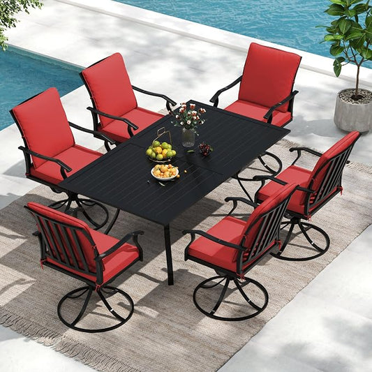7 Piece Outdoor Patio Dining Set, 62’’ Rectangular Metal Dining Table with Umbrella Hole & 6pcs Patio Swivel Rocking Chairs, Outdoor Furniture Dining Set for Patio, Balcony, Lawn, Garden, Backyard
