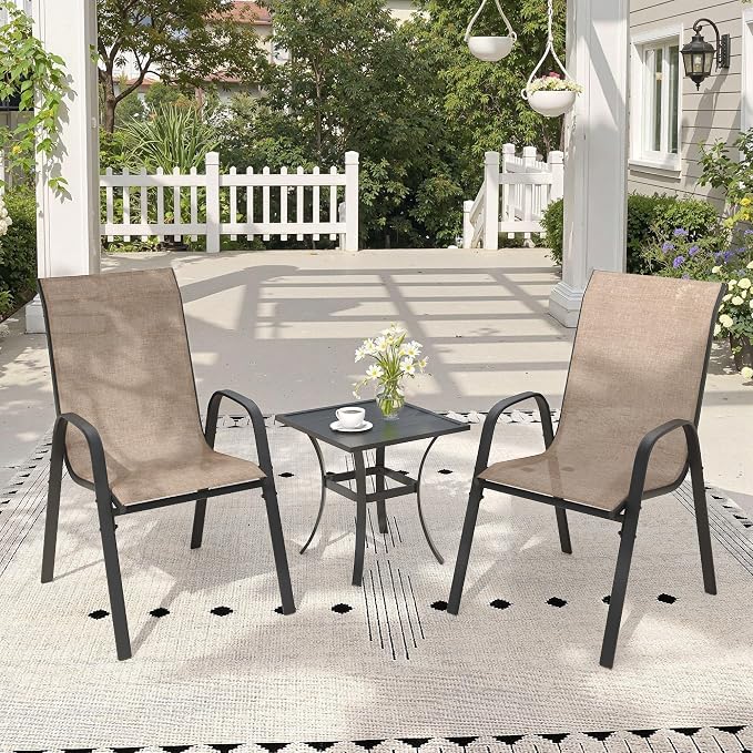 3 Pieces Small Outdoor Dining Set, 18.1" Square Outdoor Side Table & Stackable Patio Dining Chairs, Patio Table and Chairs Set for Deck Garden Porch, Brown Chairs & Black Table