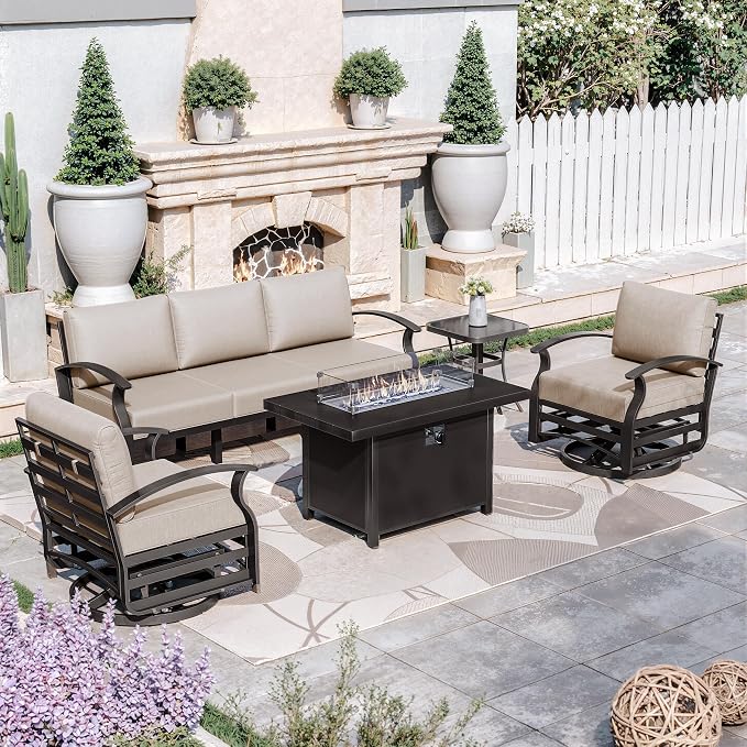 Kurapika Aluminum Patio Furniture Set 5-Seat Modern Metal Outdoor Conversation Sets w/45in Propane Fire Pit Table, Swivel Rocking Chairs Patio Sectional Sofa w/5.1 Inch Cushion, Sand