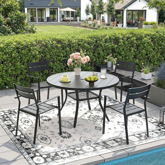 DIFY 5 Piece Outdoor Patio Dining Set for 4, Patio Table and Chairs Set with Umbrella Hole, 40.6" Round Dining Table and Stackable Metal Chairs for Backyard Garden Poolside, Black