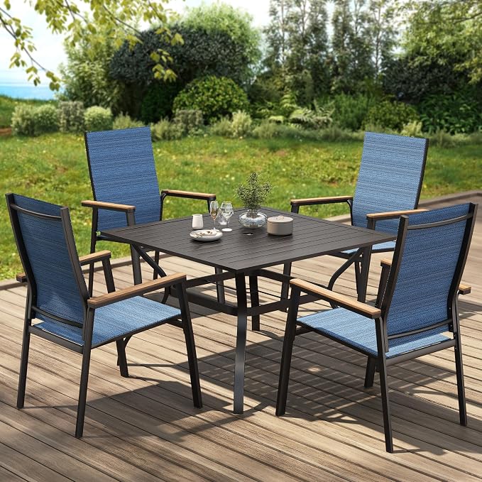 PHI VILLA 5 PCS Patio Dining Set, 4 Outdoor Aluminum Stackable Sling Chairs with Armrest & 1 Square Metal Dining Table with 1.57" Umbrella Hole, Outdoor Furniture for Deck Lawn Garden, Blue