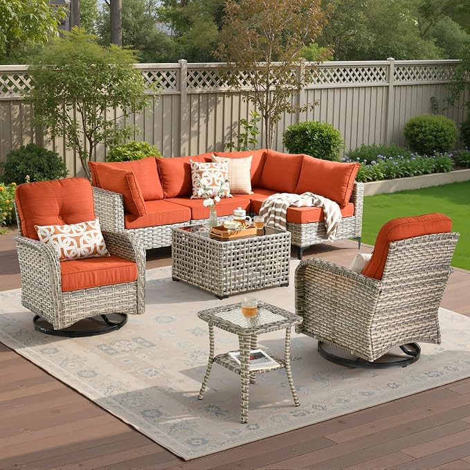 8 Pieces Patio Sectional Furniture Set, Outdoor Wicker Sectional Couch with High Back Swivel Rocker Chairs Solar Lights Table, Modern Conversation Set for Porch Balcony Backyard, Orange