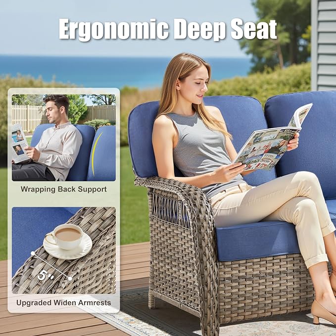 5 Pieces Patio Furniture Set with Swivel Chairs, Wicker Swivel Rocker Patio Chairs Rattan 3 Seater Sofa with Ottomans, Outdoor Seating Furniture for Balcony Sunroom Porch Backyard, Blue