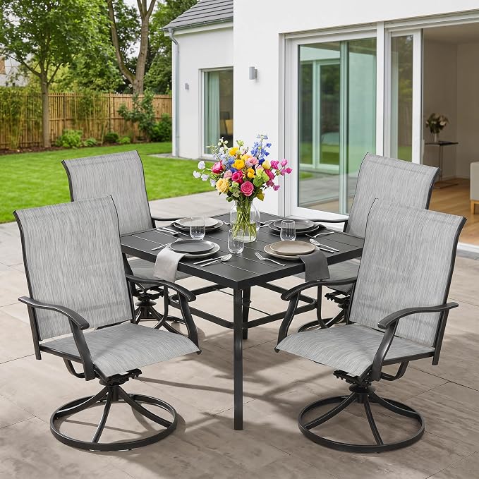 NUU GARDEN 5-Piece Patio Dining Set, Outdoor Dining Set, Slatted Patio Table with Umbrella Hole, Textilene Swivel Chairs with High Backrest, Outdoor Table and Chairs, Black and Light Gray