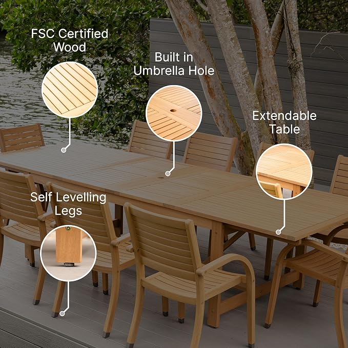 Amazonia Jefferson 11-Piece Patio Extendable Dining Table Set | Teak Finish & Light Grey Wicker Chairs with Cushion | Ideal for Outdoors and Indoors