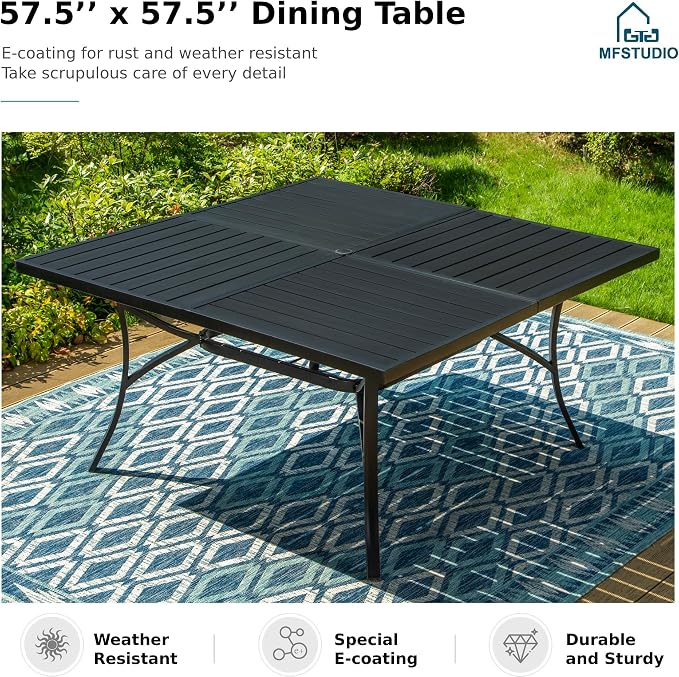 MFSTUDIO 9-Piece Patio Dining Set, 57.5" Square Metal Table, Fixed Chairs | Umbrella Hole, All-Weather Use