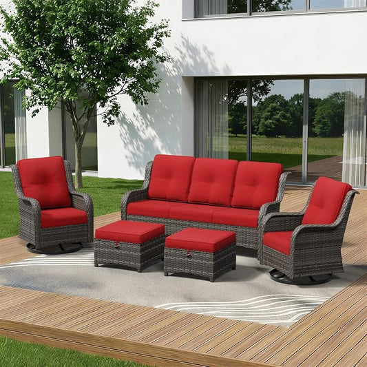 5 Piece Outdoor Wicker Patio Furniture Set, Outdoor Swivel Rocker Patio Chairs Set with Thickened Olefin Cushions, High Back and Deep Seating, Hand-Woven PE Rattan for Porch, Deck