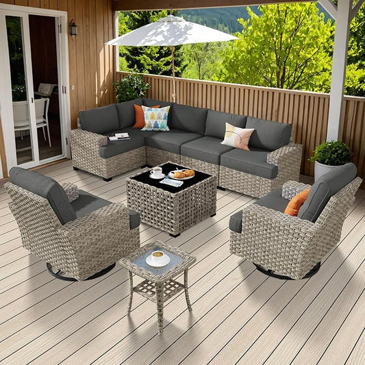 Weaxty 9 Pieces Patio Furniture Set, Outdoor Sectional Furniture Sofa Set w/Swivel Rocking Chairs Coffee Table, PE Wicker Modular Couch Conversation Set for Backyard Garden,Black