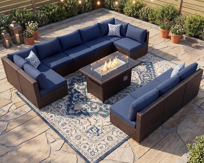 NICESOUL Modern Outdoor Patio Sectional Sofa Set with Firepit Natural Gas/Propane, 29.3'' High Back Wicker Conversation Set, 10 Seats Large Deep Seating Furniture, Brown Rattan and Navy Blue Cushion