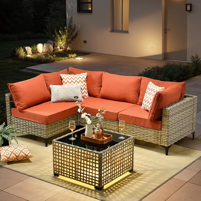 5 Pieces Patio Furniture Set with Solar Light Coffee Table, All-Weather Wicker Outdoor Sectional Conversation Sets L Shaped Sofas for Outside Porch Balcony Backyard Coarse Stripes Red